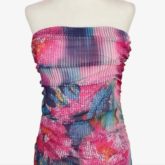 ANTHROPOLOGIE‎ Soleil Slim Strapless Midi Dress L and XL Ruched Mesh Pink Floral - Picture 8 of 16